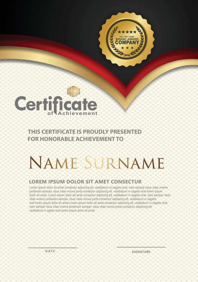 luxe verticale certificaatsjabloon met dynamische zwarte kleur stroomlijn vorm en textuur moderne patroon achtergrond, diploma, vectorillustratie vector