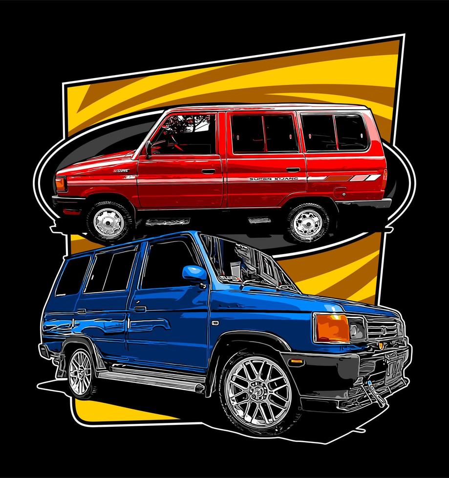 twee minibusjes op een gele backgorund vector