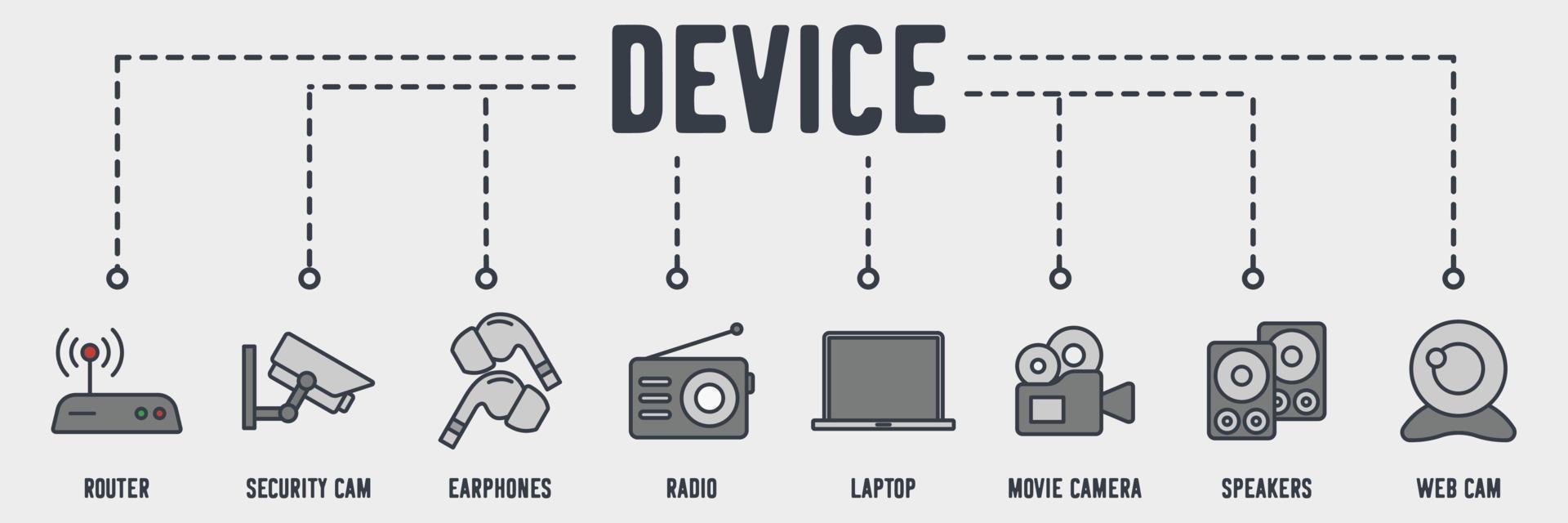 technologie apparaat web pictogram. router, beveiligingscamera, oortelefoons, radio, laptop, filmcamera, luidsprekers, web cam vector illustratie concept.
