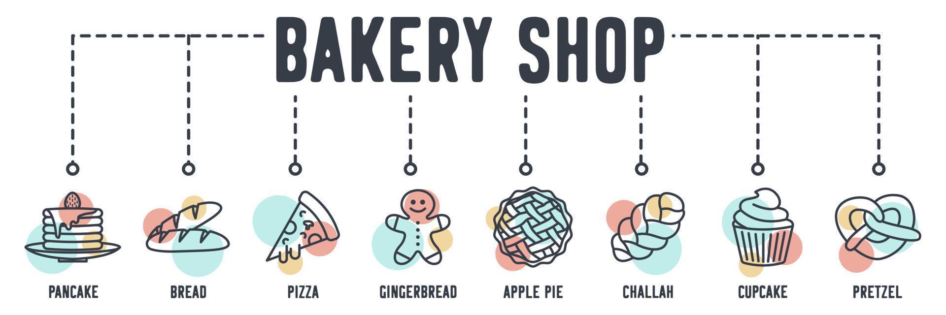 bakkerij winkel banner web pictogram. pannenkoek, brood, pizza, peperkoek, appeltaart, challah, cupcake, pretzel vector illustratie concept.