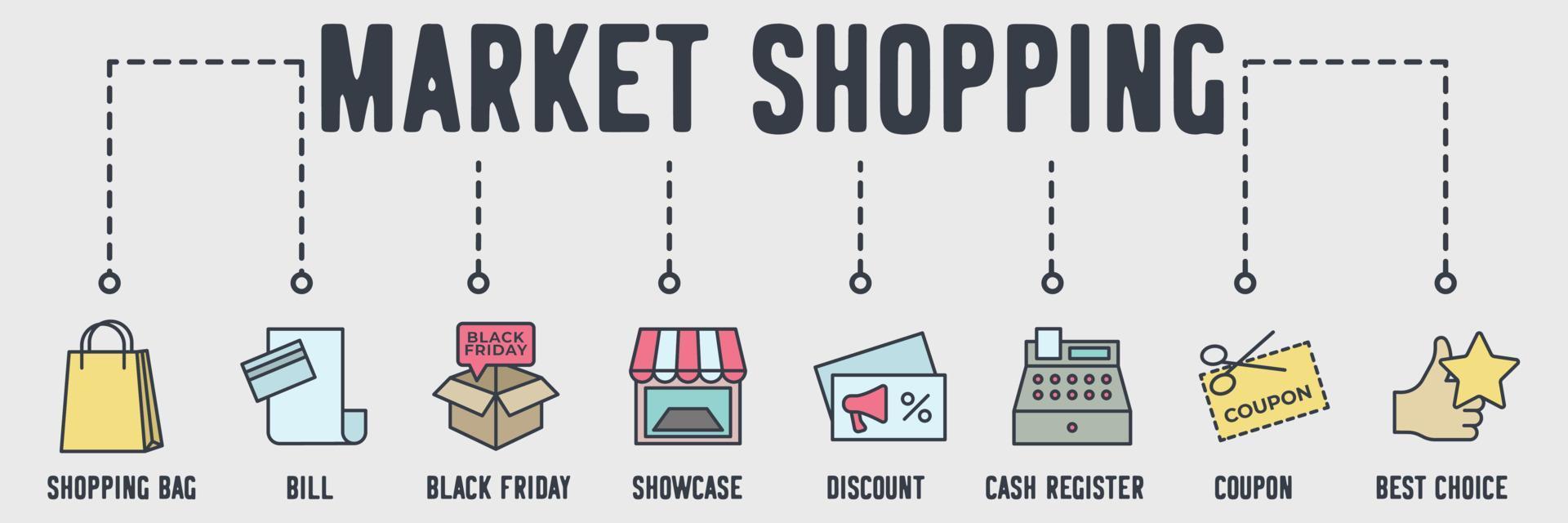 markt winkelen banner web pictogram. boodschappentas, rekening, zwarte vrijdag, showcase, korting, kassa, coupon, beste keuze vector illustratie concept.