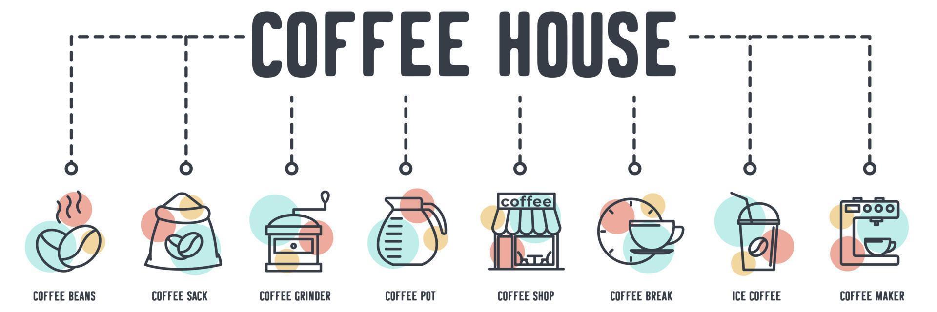 koffiehuis banner web pictogram. koffiebonen, zak, molen, pot, winkel, pauze, ijskoffie, maker vector illustratie concept.