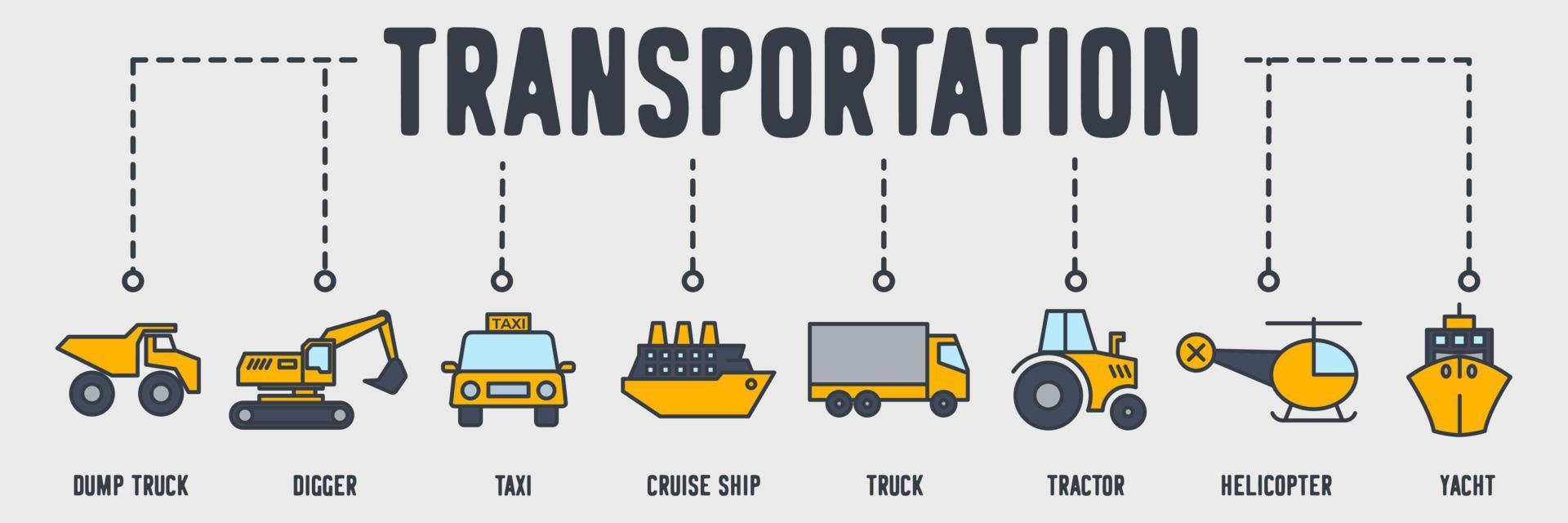 vervoer voertuig banner web pictogram. dumper, tram, taxi, cruiseschip, vrachtwagen, tractor, helikopter, jacht, vorkheftruck vector illustratie concept.