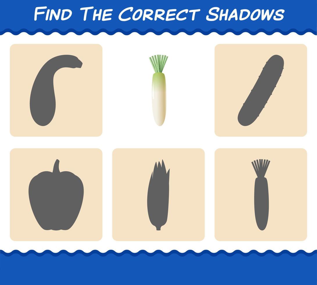 vind de juiste schaduwen van cartoon daikon. zoeken en matchen spel. educatief spel voor kleuters en peuters vector