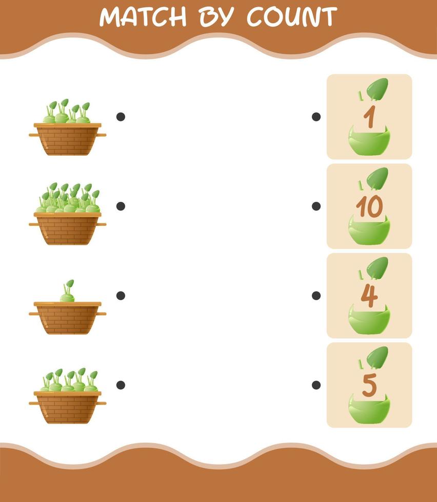 match door telling van cartoon koolrabi. match en tel spel. educatief spel voor kleuters en peuters vector