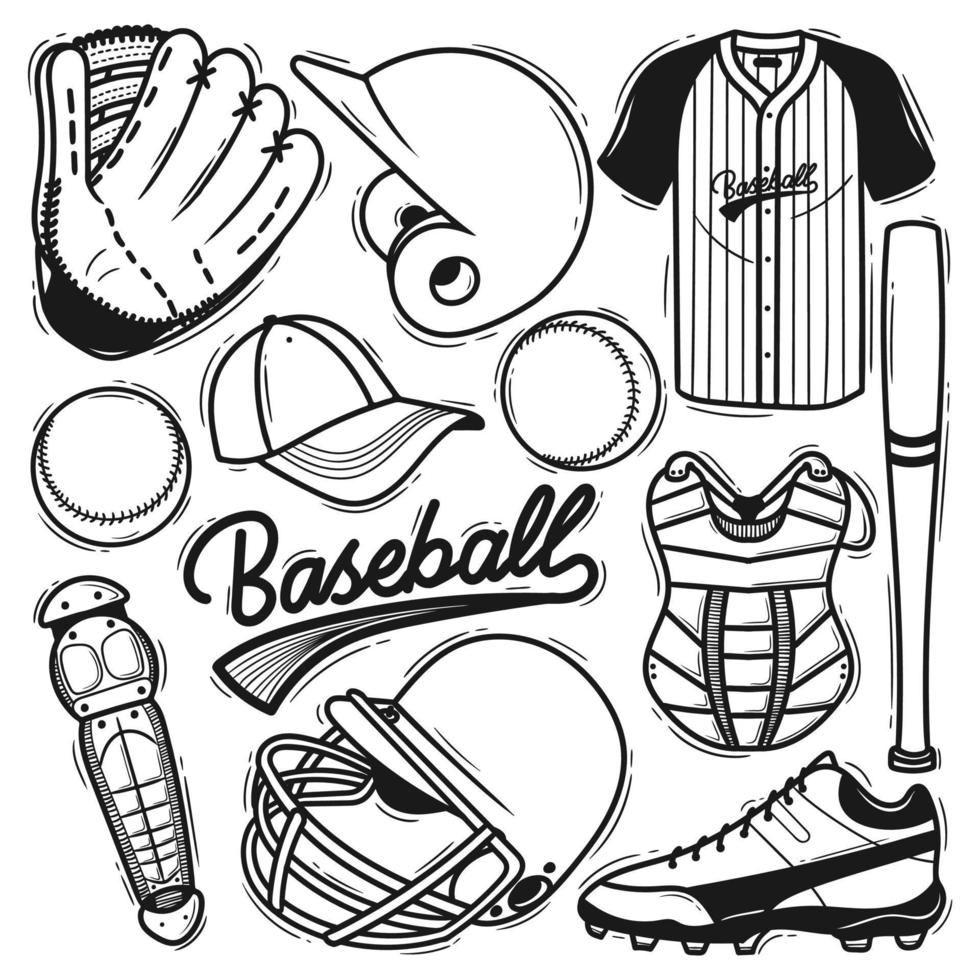 set honkbal element handgetekende doodle vector