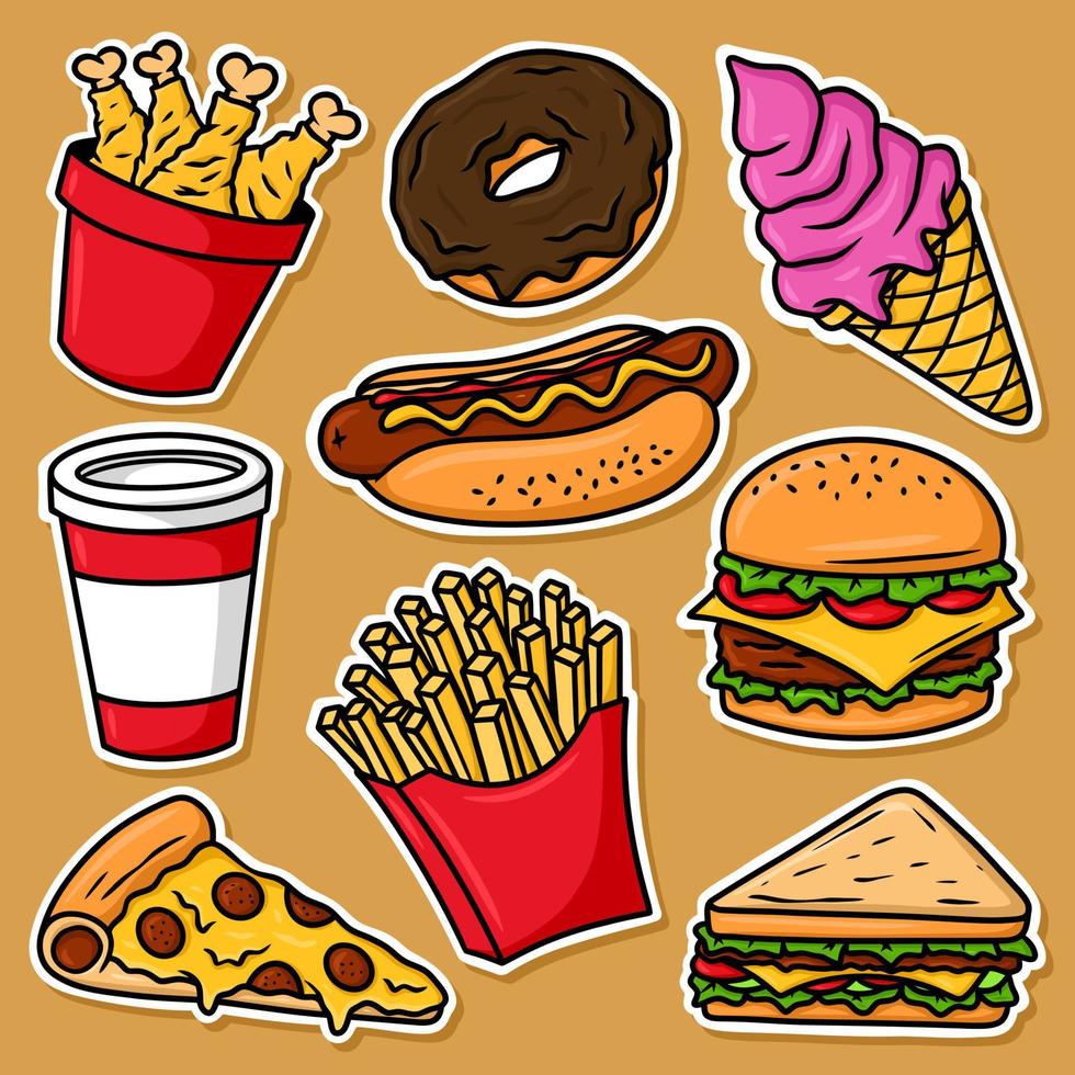 sticker set fastfood cartoon vector