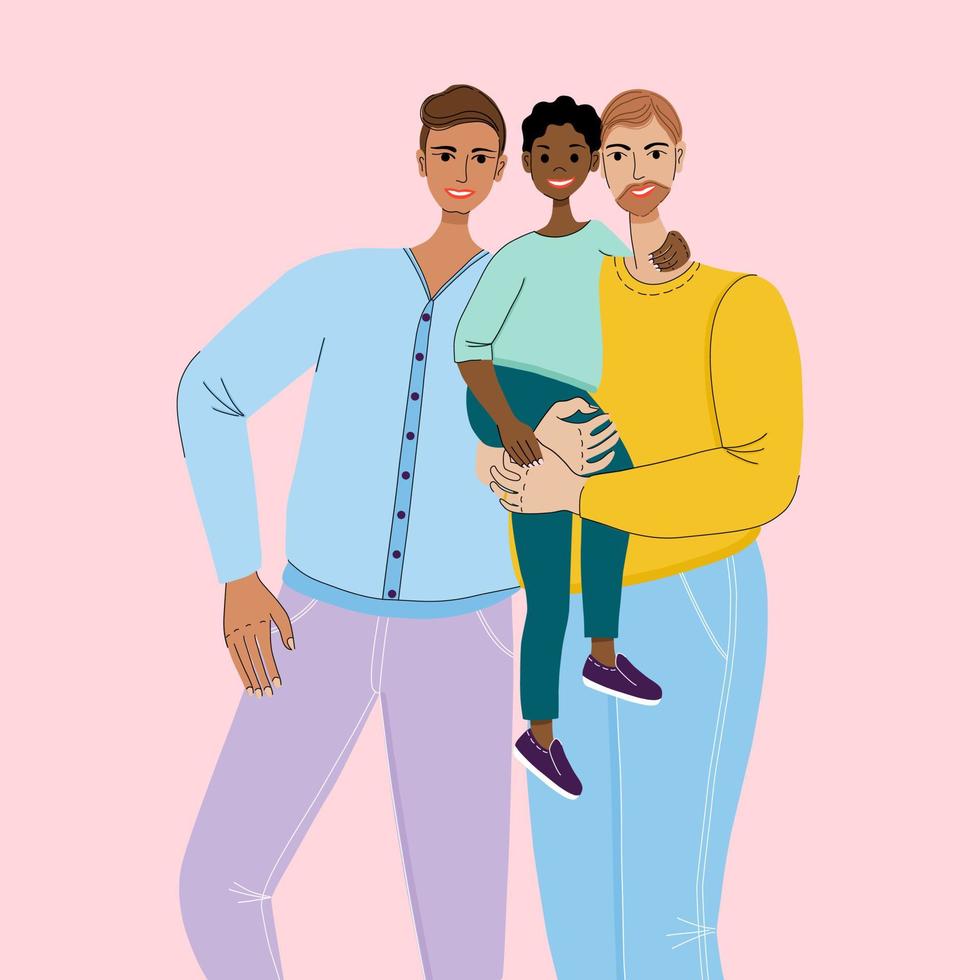 portret van lgbt-echtpaar met kind. relaties en rechten van homoseksuele partners. vlakke stijl vectorillustratie. vector
