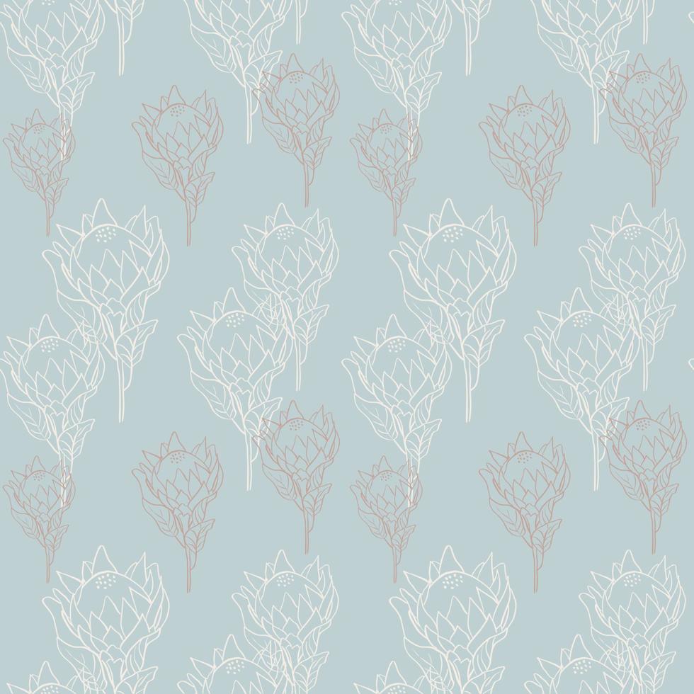 bloemenpatroon met tropische koningsproteas in bloei op blauwe achtergrond. hand getrokken lijn stijl vectorillustratie. vintage naadloze patroon in beige, bruine en blauwe kleuren. vector