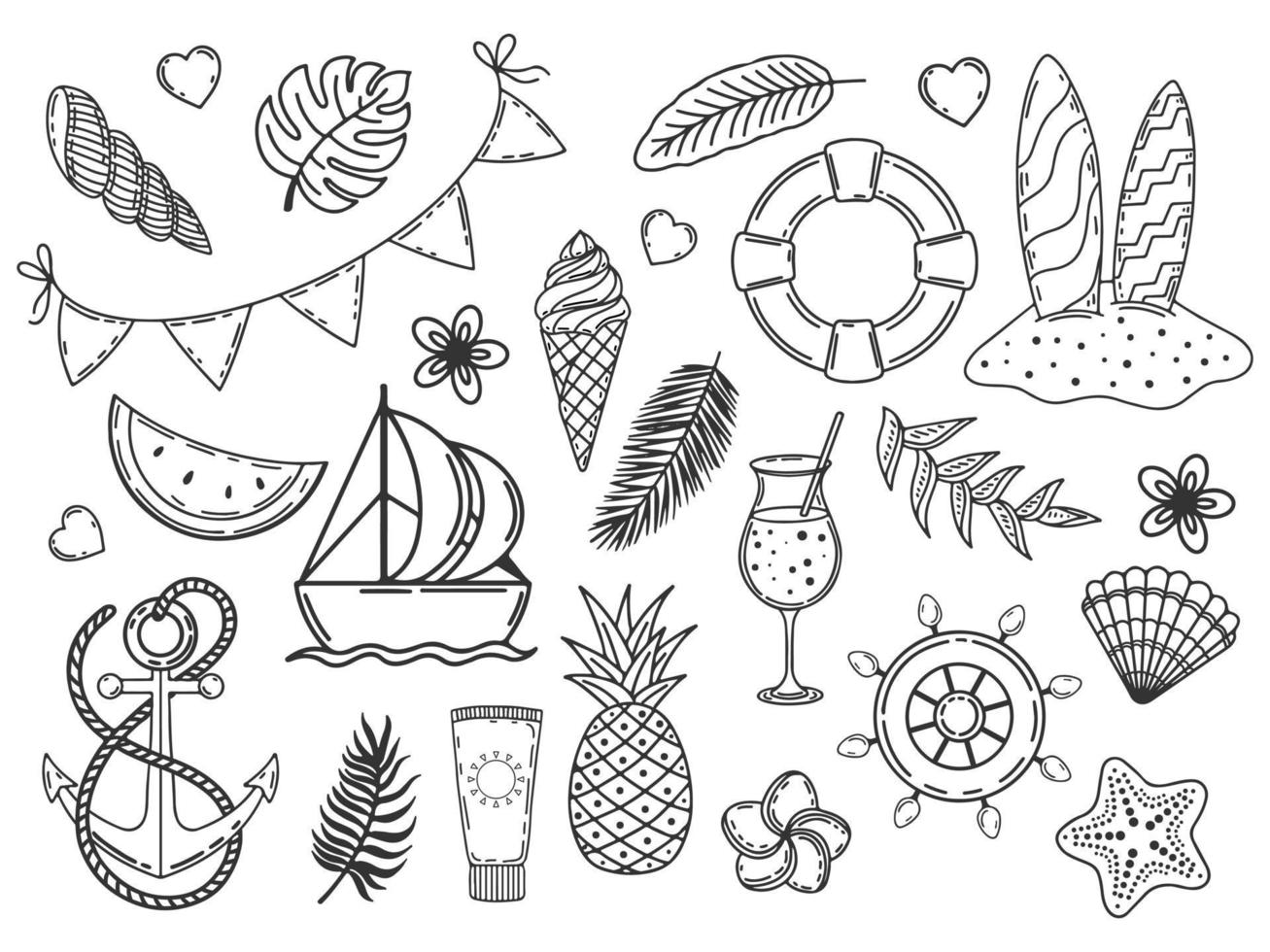 set handgetekende monochrome zomerelementen fruit, drankjes, palmbladeren, bloemen. zwarte en witte voorwerpen. geïsoleerd op wit. vectorillustratie. doodle stijl. vector
