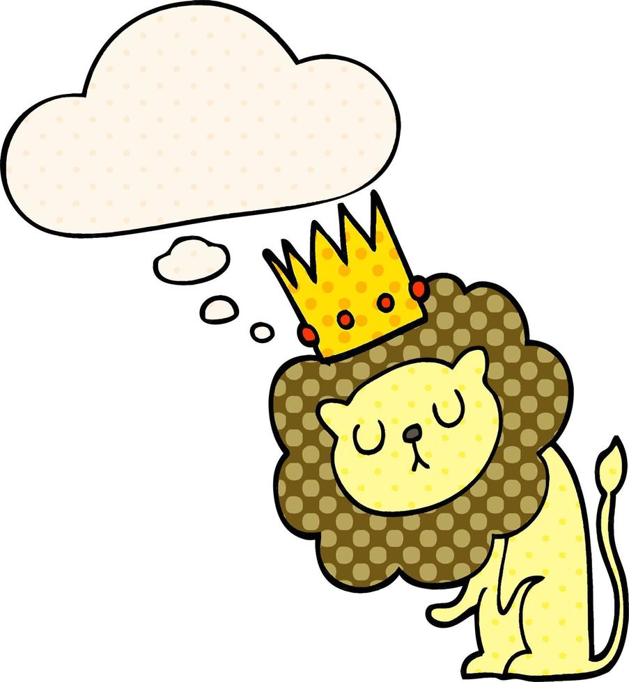 cartoon leeuw met kroon en gedachte bel in stripboekstijl vector