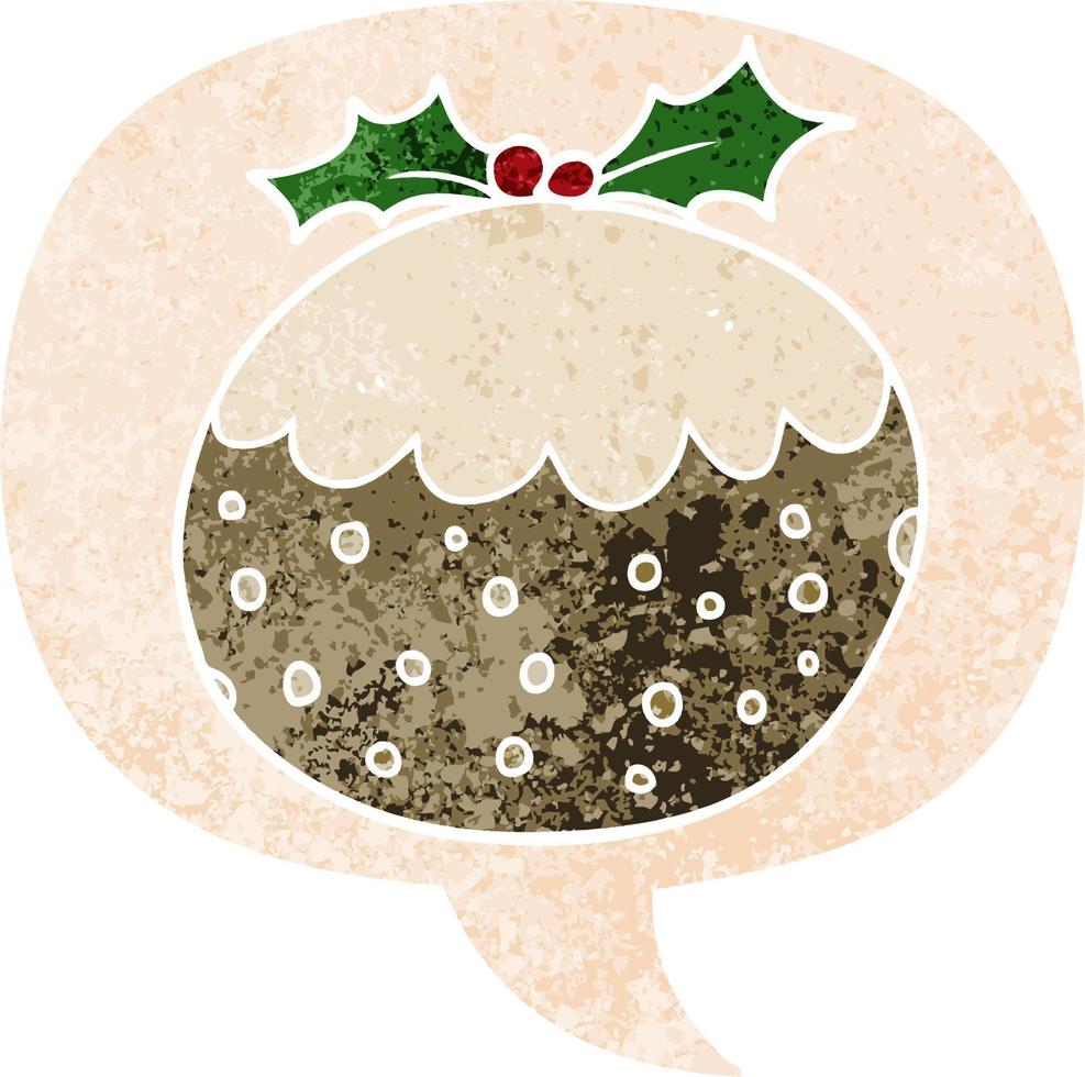 cartoon kerstpudding en tekstballon in retro getextureerde stijl vector