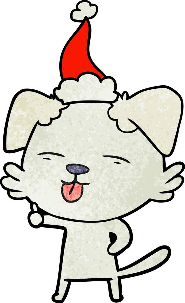 getextureerde cartoon van een hond die zijn tong uitsteekt en een kerstmuts draagt vector