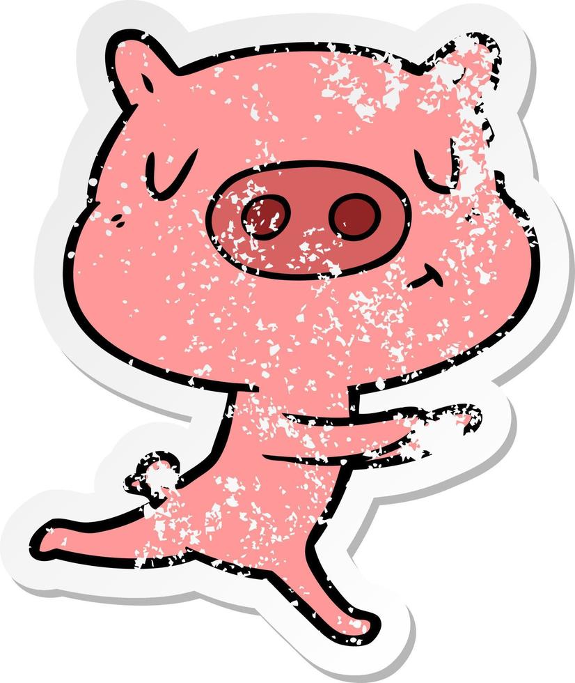 verontruste sticker van een rennend varken met cartooninhoud vector