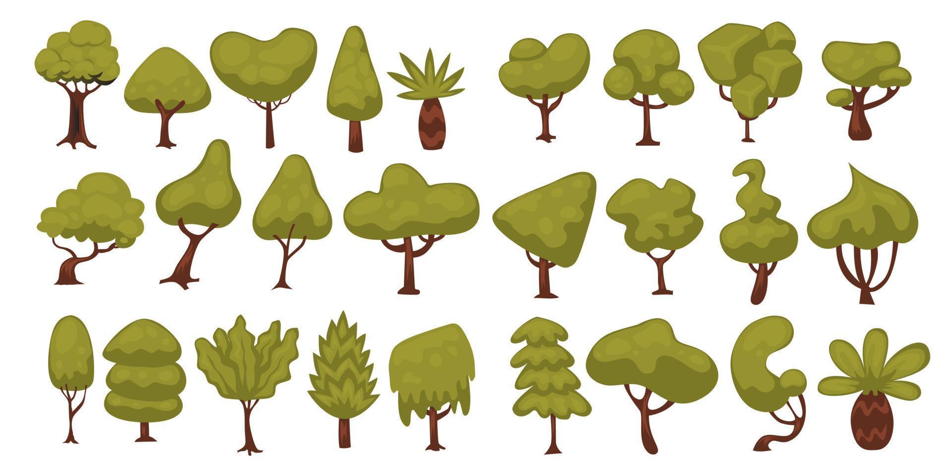 hand getekende set bos boom natuur plant objecten elementen, vector illustratie set met verschillende vormen, eco gebladerte. onderwerp gezonde levensstijl. jungle tropisch groen.