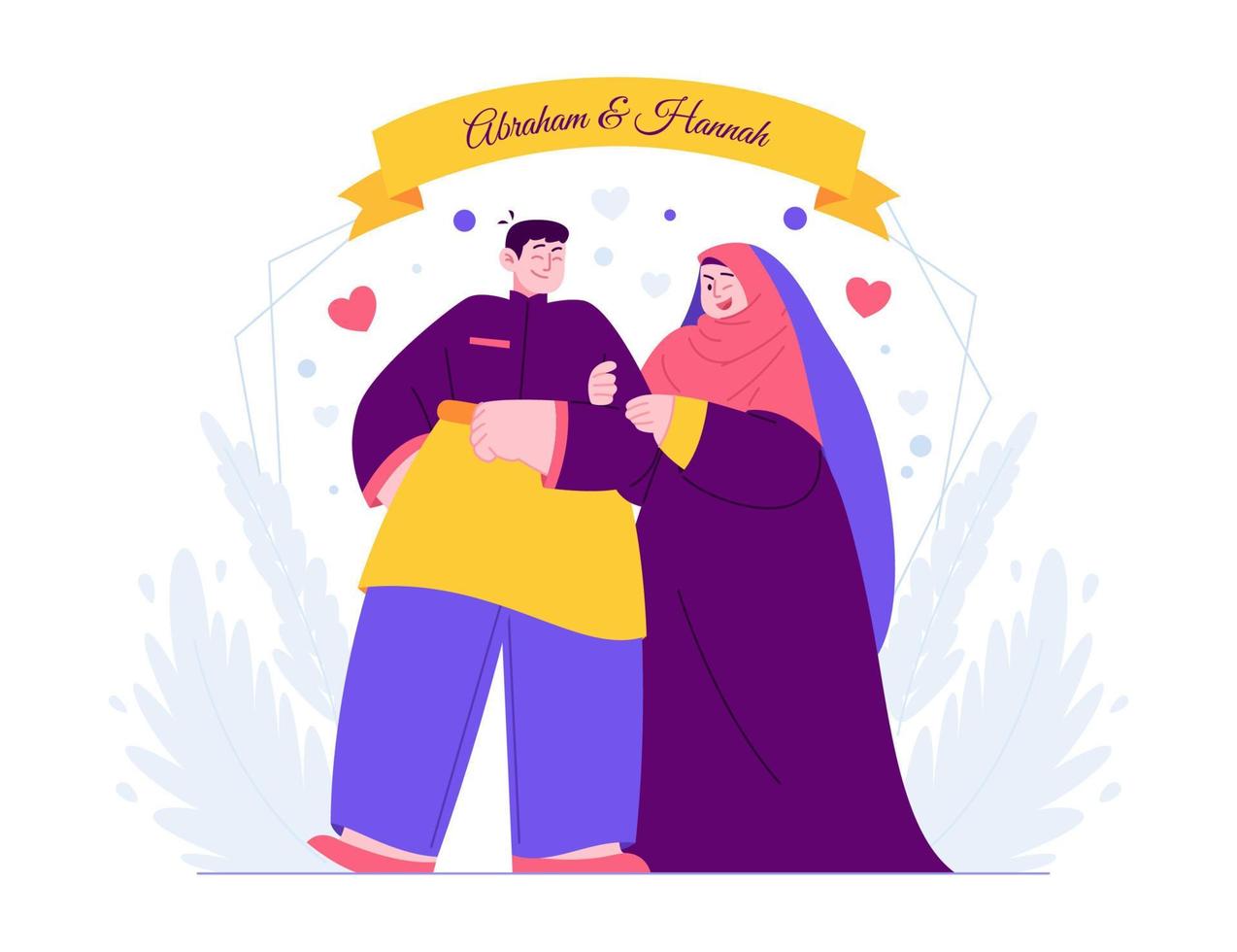 islamitische schattig paar bruiloft uitnodiging sjabloon concept vector illustratie idee voor bestemmingspagina sjabloon, huwelijksdag, verloving, romantiek ceremonie, voor wenskaart handgetekende vlakke stijl