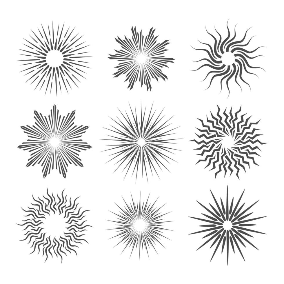 hand getekende set van sunburst, ster, vuurwerk explosie, logo, embleem, tag. webbanner. vectorillustratie. Boheemse symbool barstende zonnestralen. lichtstralen in zeer fijne tekeningen. vector