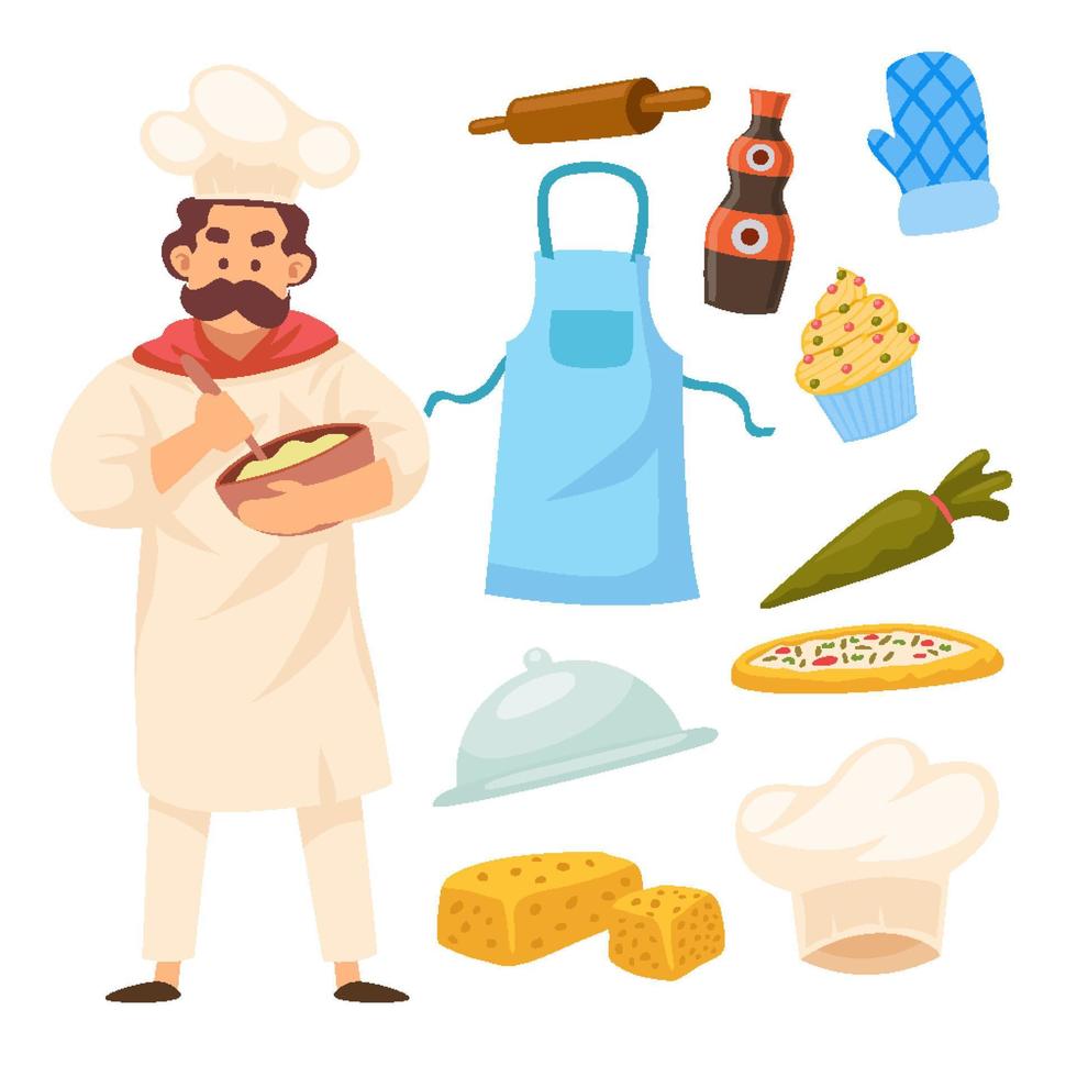 handgetekende set chef-kok objecten karakterelementen, vectorillustratie set met pizza, kaas, deegroller, handschoenen en cupcake vector