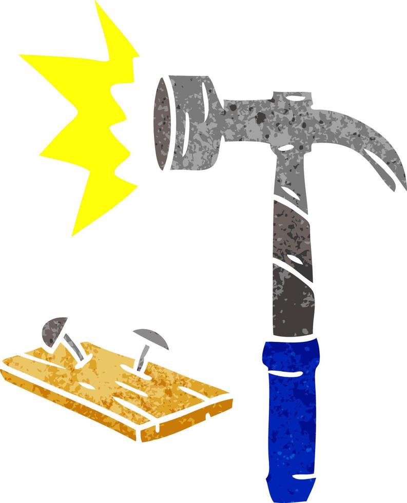retro cartoon doodle van een hamer en spijkers vector