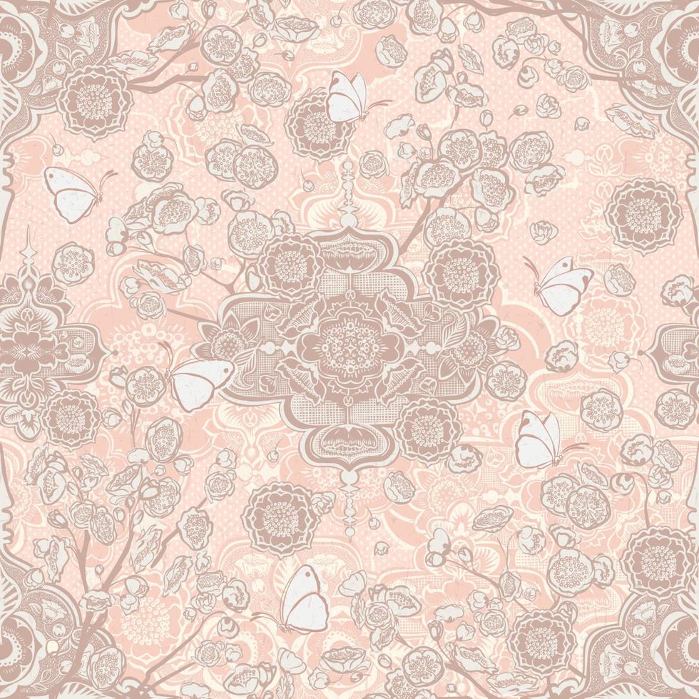 vector naadloze patroon lente bloemen bruiloft vintage pastel roze met papier textuur. gedetailleerde, delicate en mooie illustratie voor een vrouwelijk boho luxe luxe thema. handgeschept papier textuur