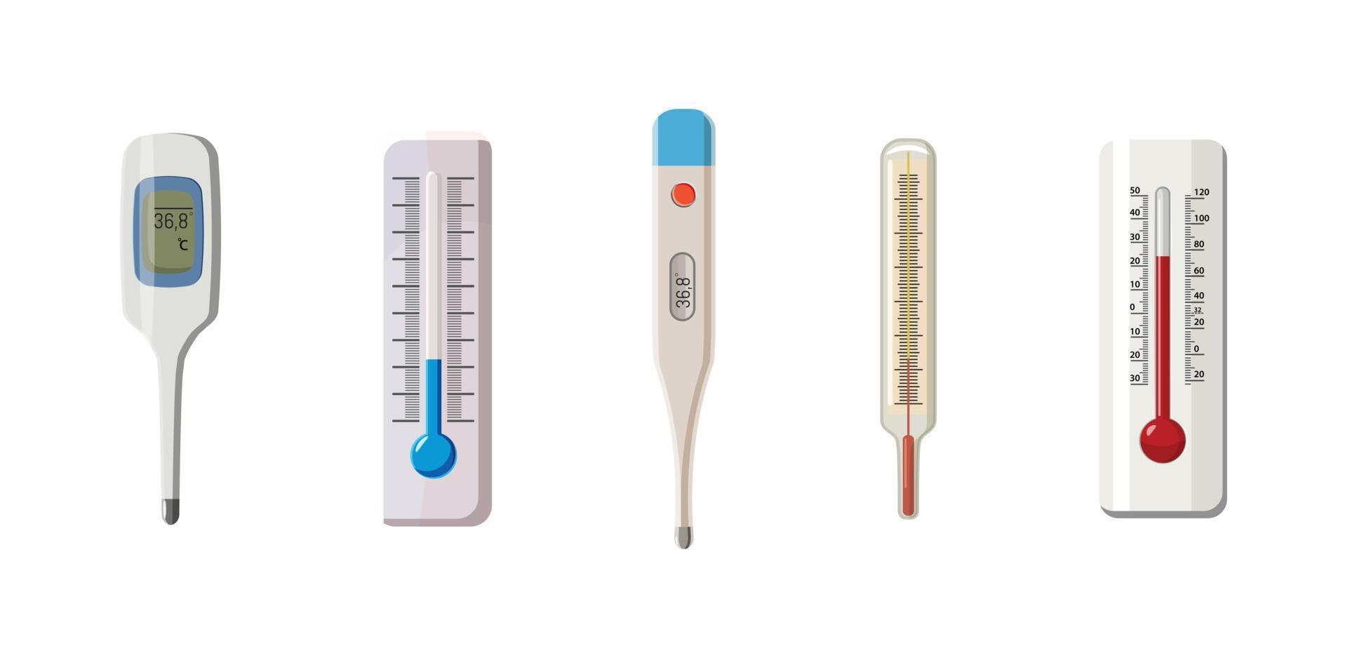 thermometer pictogrammenset, cartoon stijl vector