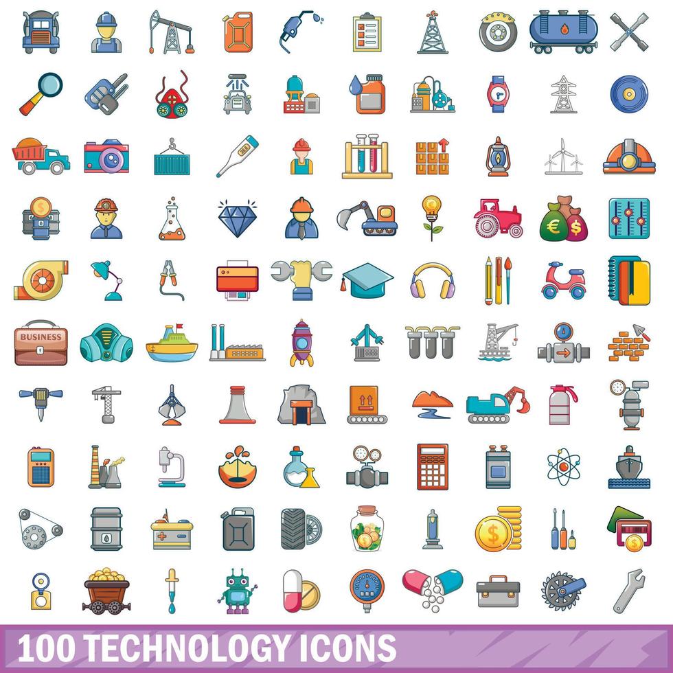 100 technologie iconen set, cartoon stijl vector