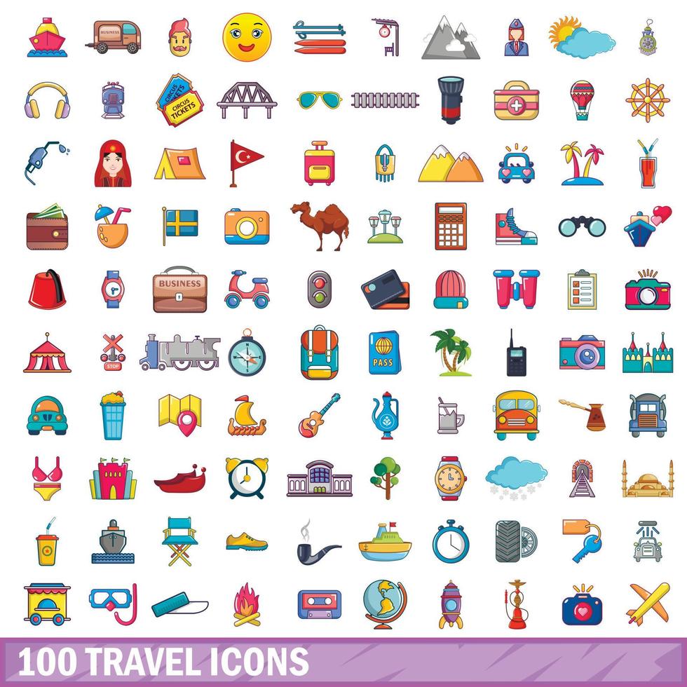 100 reizen iconen set, cartoon stijl vector