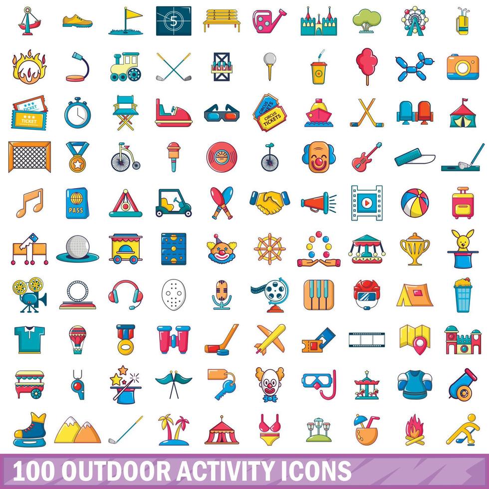 100 outdoor activiteit iconen set, cartoon stijl vector