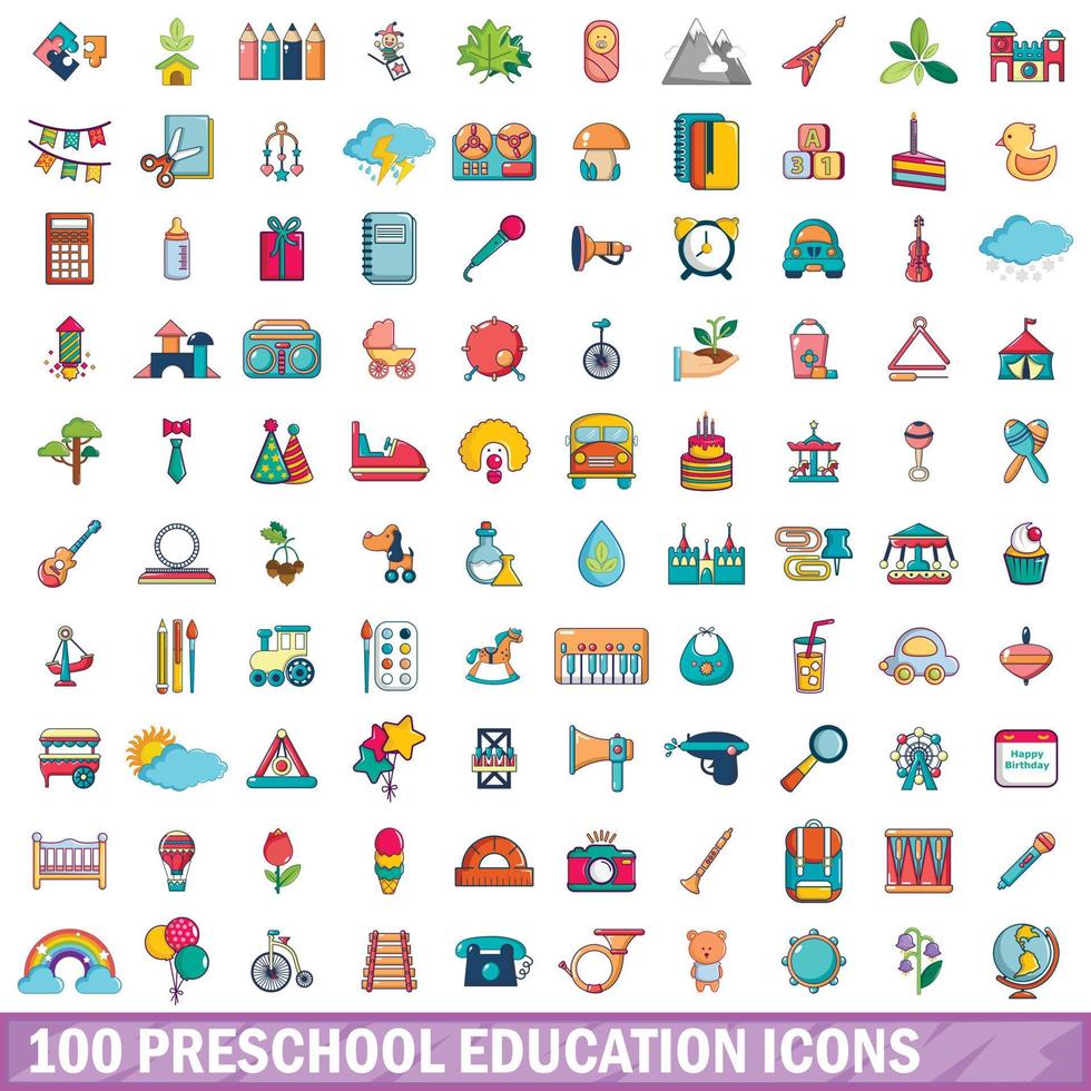 100 voorschoolse onderwijs iconen set, cartoon stijl vector