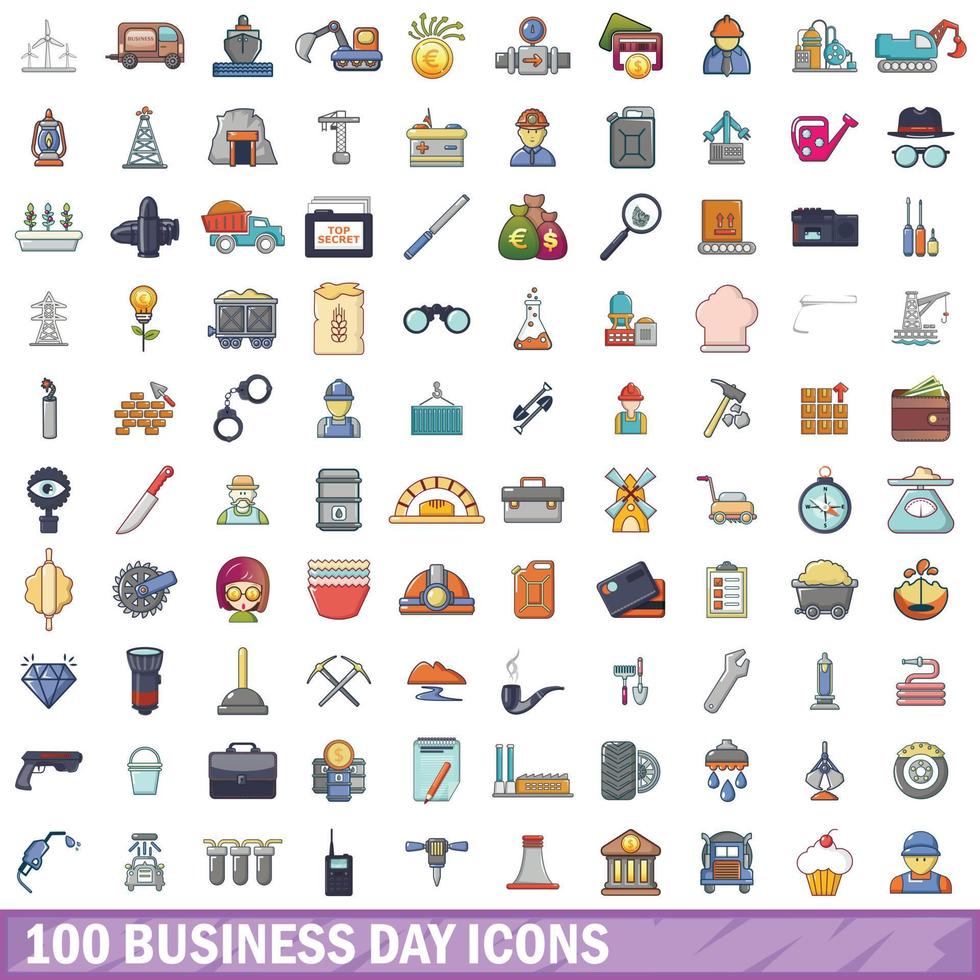 100 werkdag iconen set, cartoon stijl vector