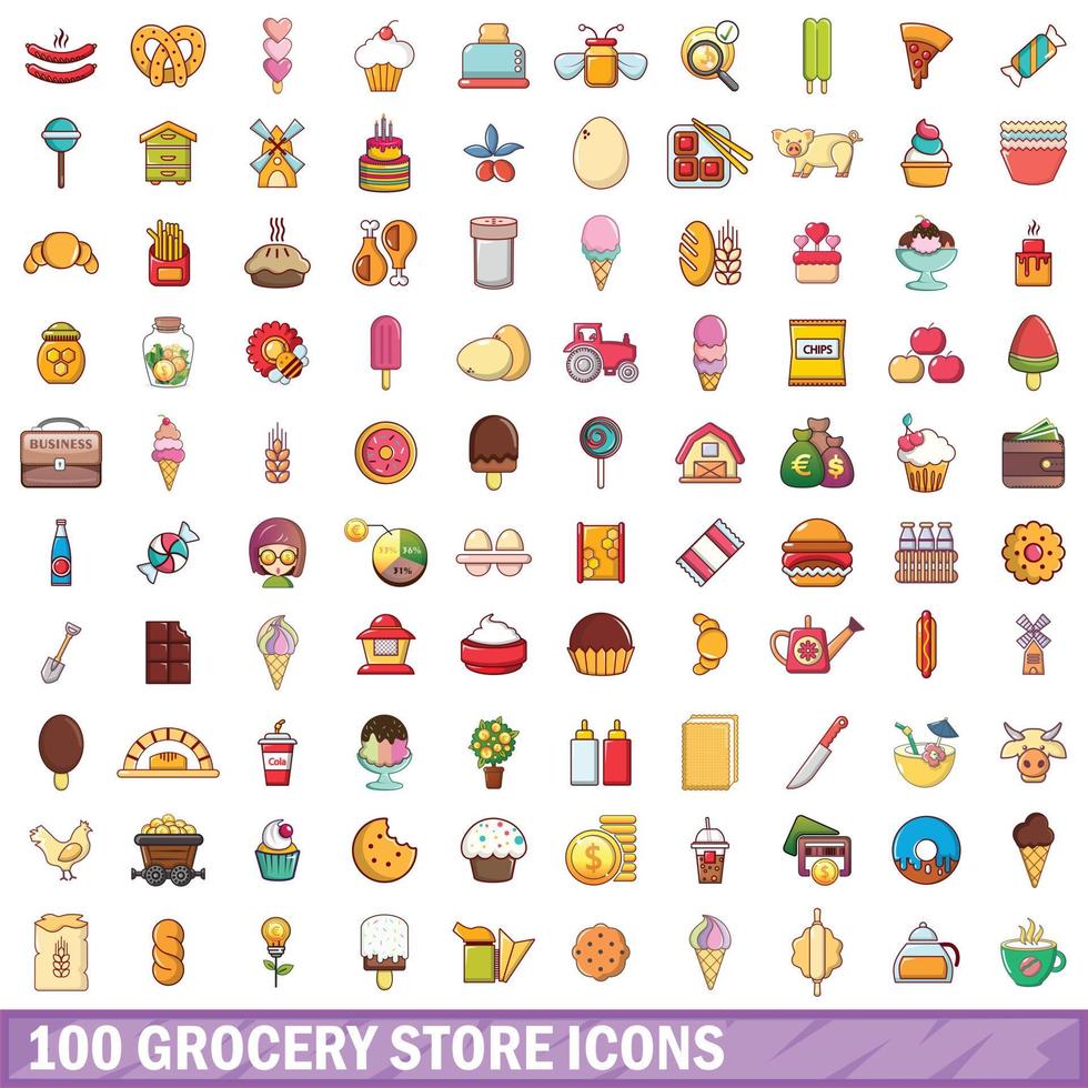 100 supermarkt iconen set, cartoon stijl vector
