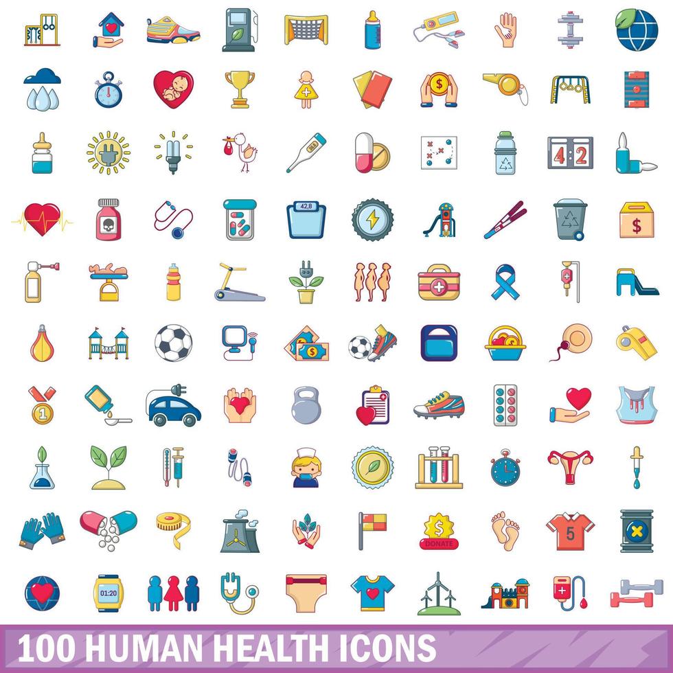 100 menselijke gezondheid iconen set, cartoon stijl vector