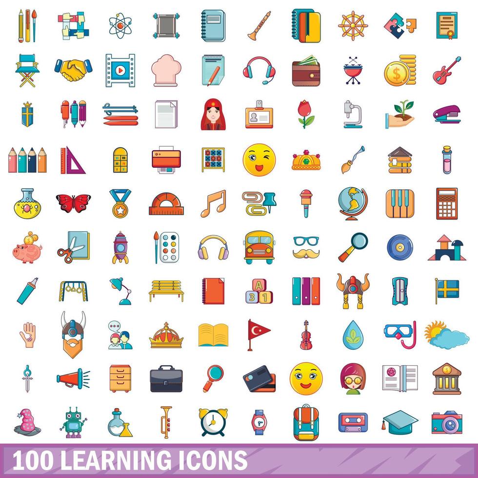 100 leren iconen set, cartoon stijl vector