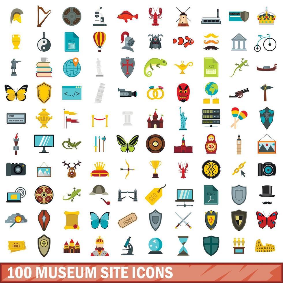 100 museum site iconen set, vlakke stijl vector