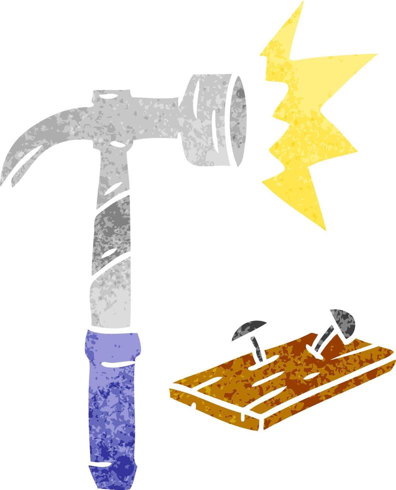 retro cartoon doodle van een hamer en spijkers vector