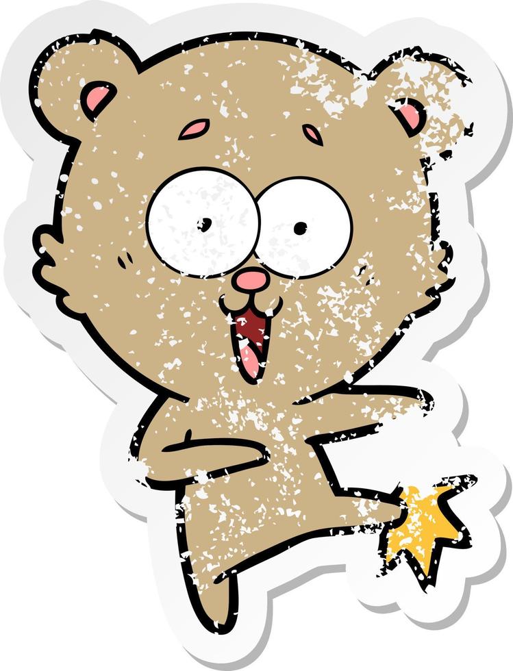 verontruste sticker van een cartoon van een lachende teddybeer vector