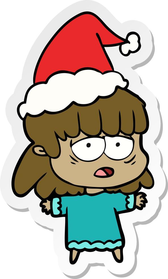 sticker cartoon van een vermoeide vrouw met een kerstmuts vector