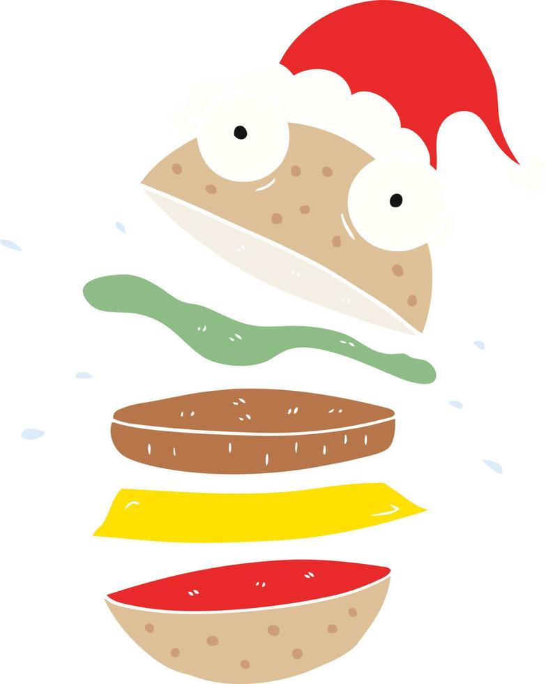 egale kleurenillustratie van een geweldige hamburger met een kerstmuts vector