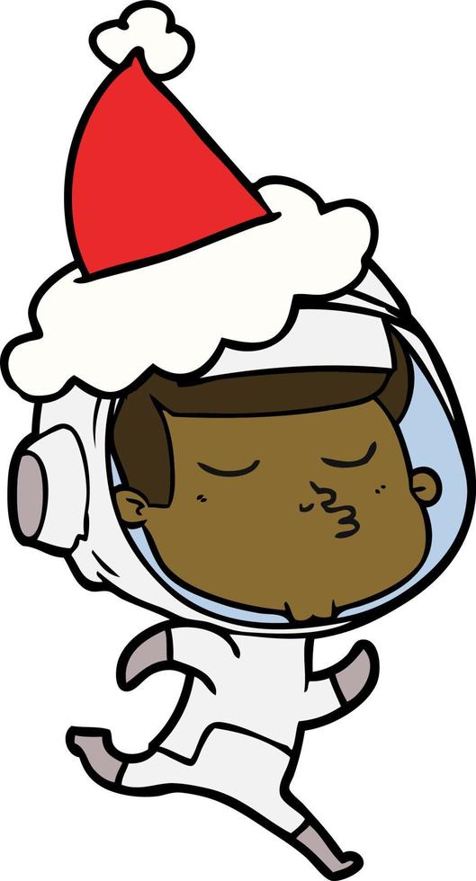 lijntekening van een zelfverzekerde astronaut met een kerstmuts vector