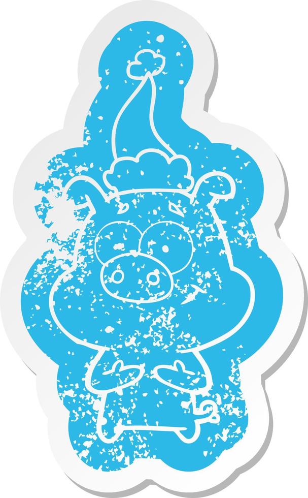 happy cartoon noodlijdende sticker van een varken met een kerstmuts vector