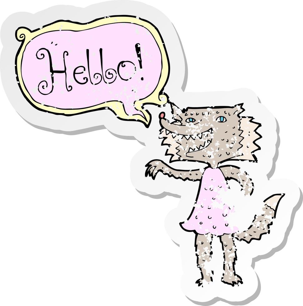 retro noodlijdende sticker van een cartoon wolf meisje dat hallo zegt vector