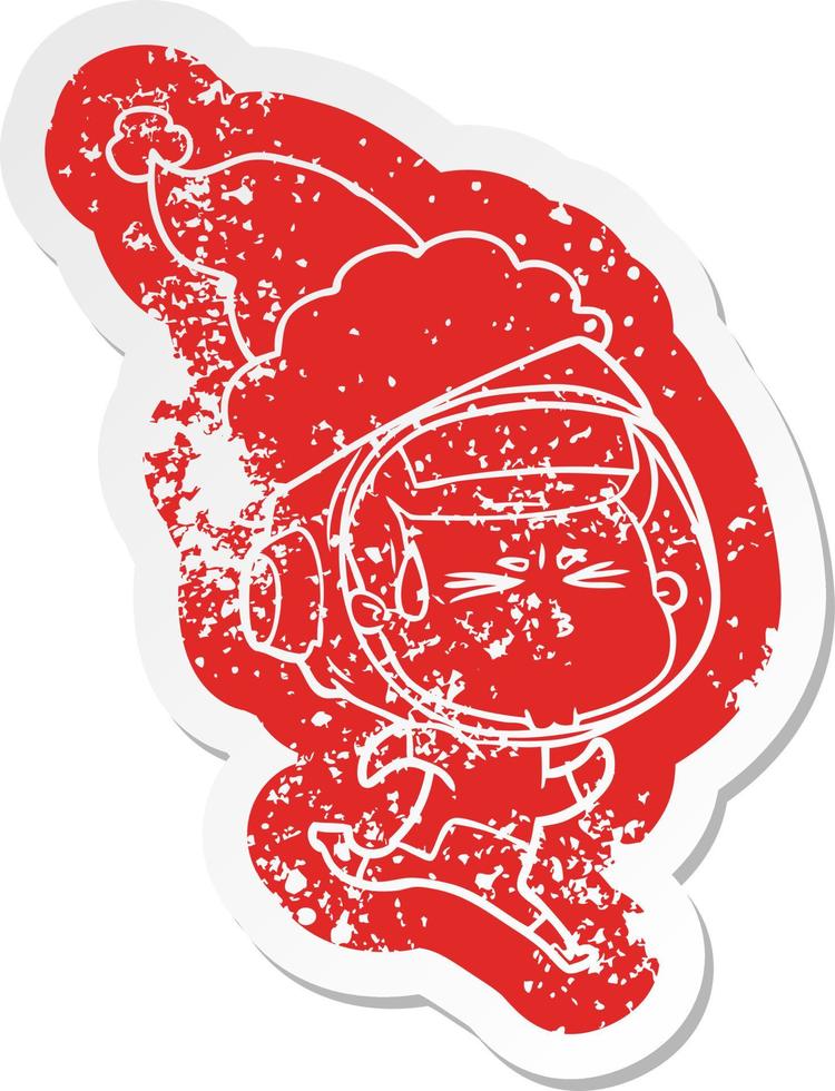 cartoon noodlijdende sticker van een gestresste astronaut met een kerstmuts vector