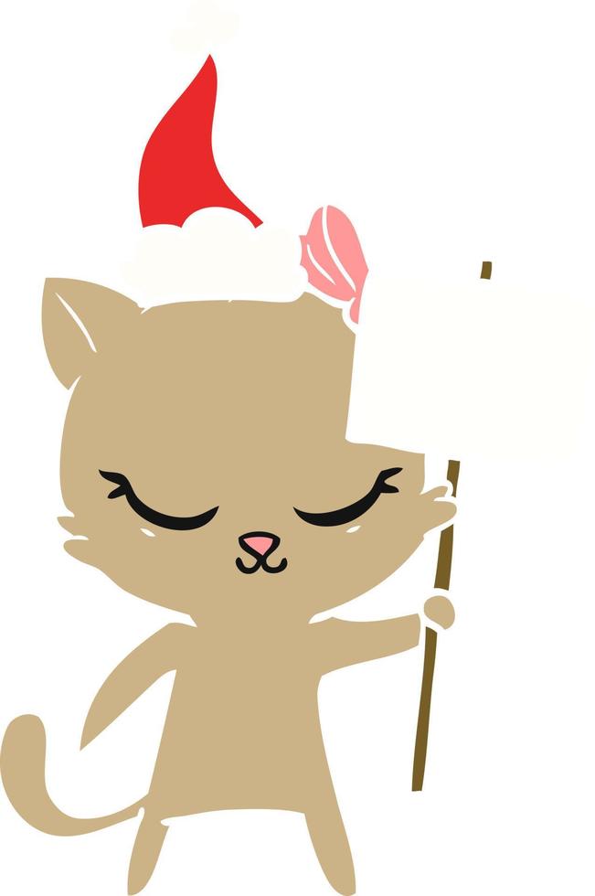 schattige egale kleurenillustratie van een kat met een bord met een kerstmuts vector