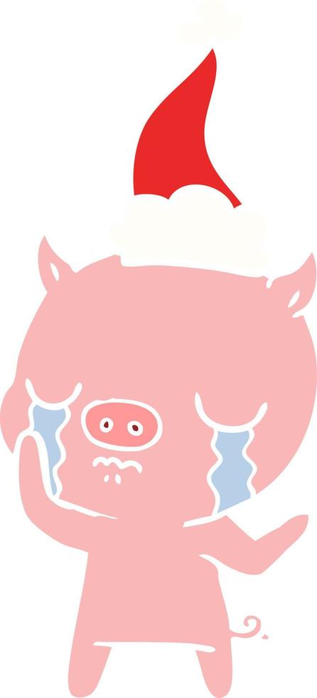 egale kleurenillustratie van een huilend varken met een kerstmuts vector