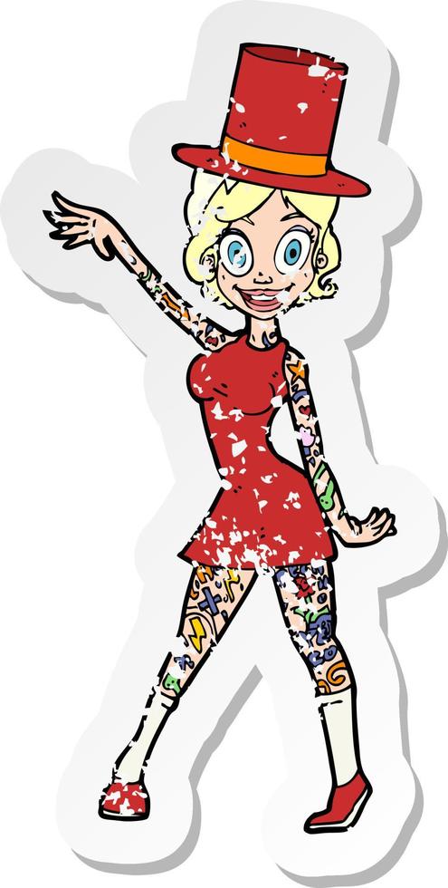 retro noodlijdende sticker van een cartoonvrouw met tatoeages vector