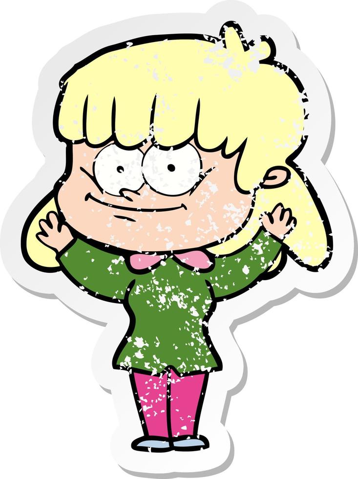 verontruste sticker van een cartoon lachende vrouw vector