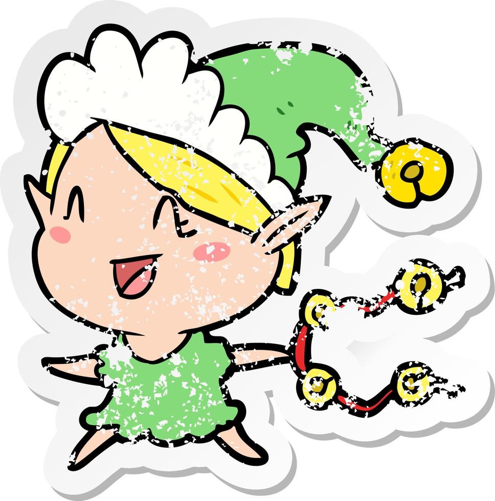 verontruste sticker van een cartoon happy christmas elf vector