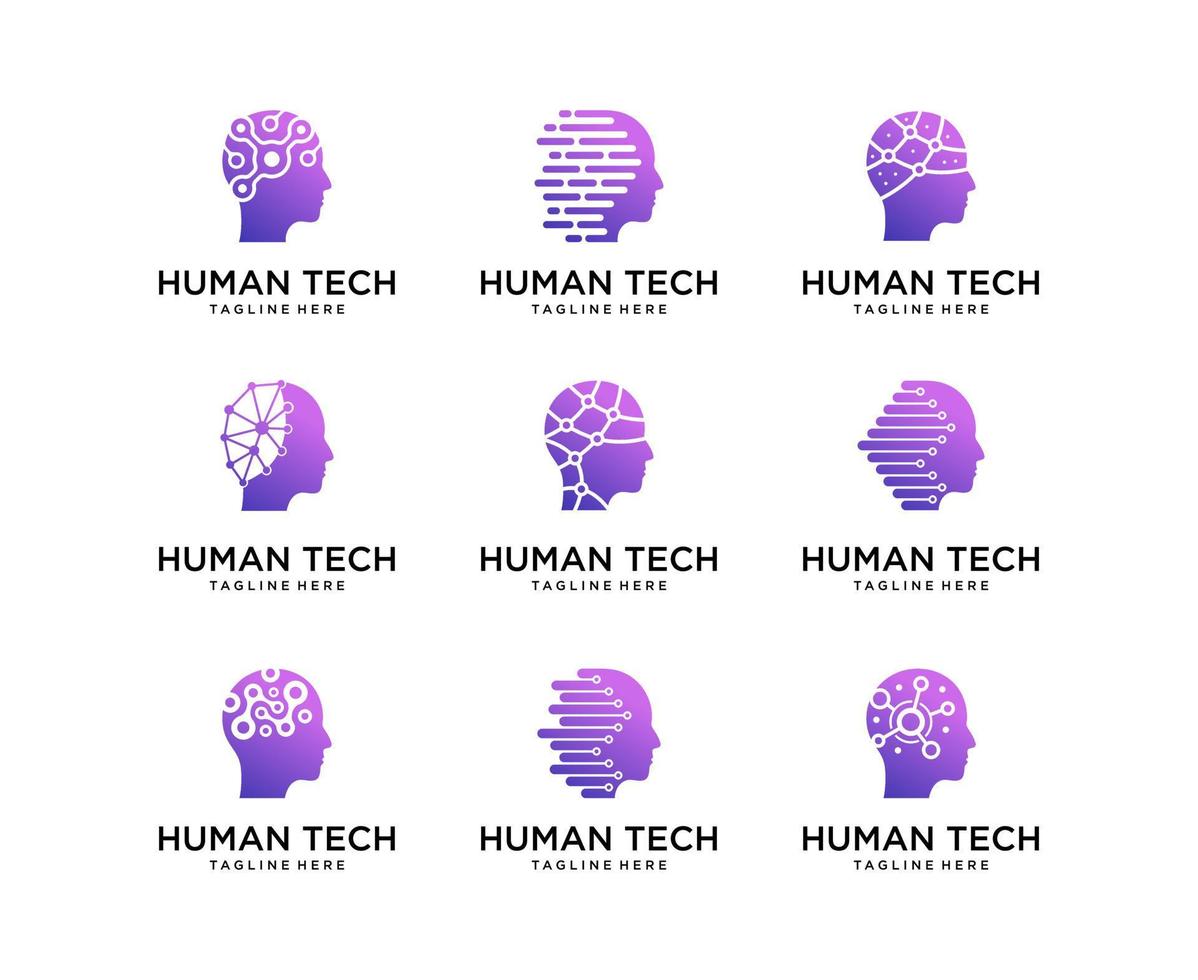 set van menselijke technologie logo ontwerpen vector. hoofd tech logo sjabloon vector