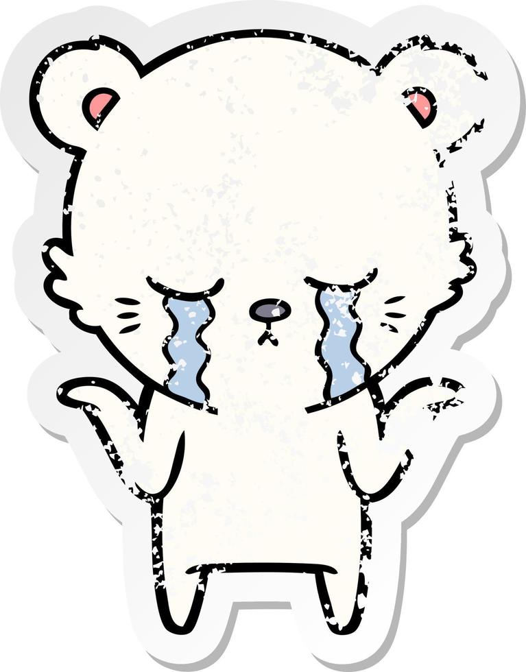 verontruste sticker van een huilende cartoon-ijsbeer die zijn schouders ophaalt vector