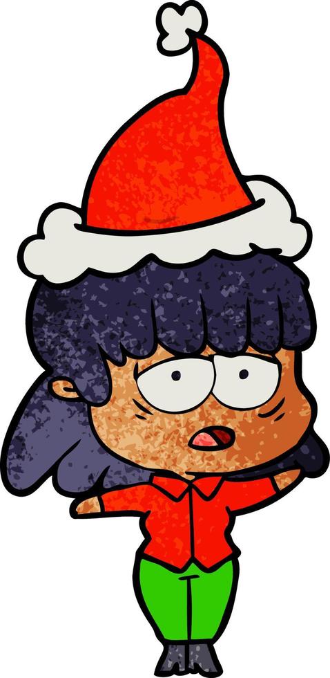 getextureerde cartoon van een vermoeide vrouw die een kerstmuts draagt vector